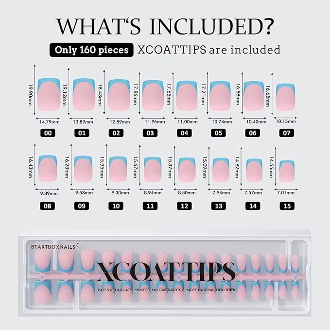BTArtboxnails XCOATTIPS French Tip Press On Nails - Blue Press On Nails Short, Square Fake Nail Tips, 160Pcs Soak Off Soft Gel Acrylic Nail Extension in 16 Sizes