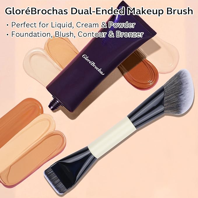 Dual-Ended Makeup Brush,Flat Top Foundation & Angled Contour Brush for Flawless Blending, Smooth Coverage & Effortless Contouring, Ideal for Foundation, Blush, Bronzer & Powder (White)