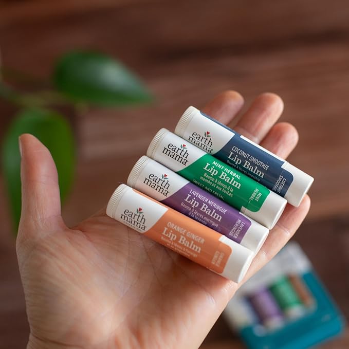 Earth Mama Lip Balm Variety Pack | Quadruplets 4 Pack | Lavender Meringue, Mint Herbal, Coconut Smoothie & Orange Ginger | Soothing & Hydrating Lip Moisturizer | Pregnancy Safe