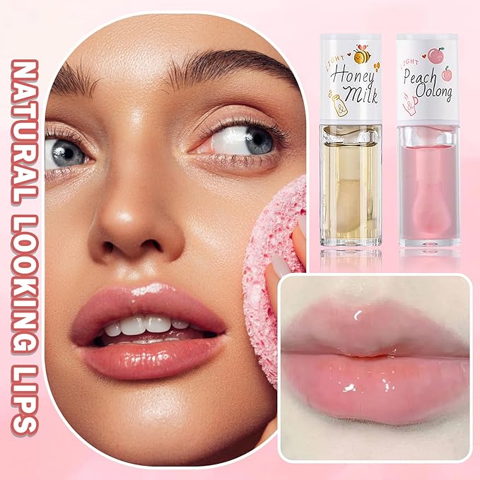 2 PCS Hydrating Clear Lip Oil Jelly Honey Lip Gloss - Korean, Big Brush Lip Oil, Plumping, Fresh Texture, Long-lasting Nourishing Lip Oils