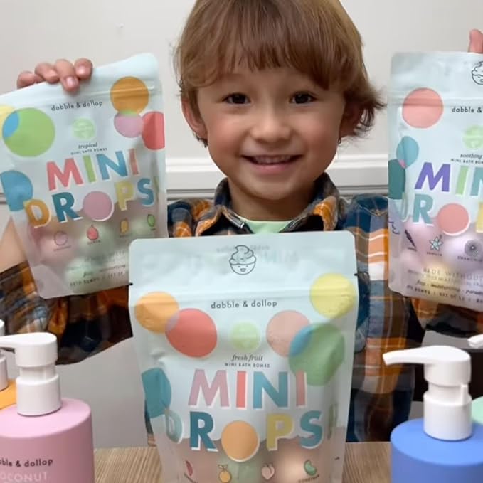Dabble & Dollop Mini Bath Bombs, 100% Natural Droplets for Kids, Variety Pack - Resealable Pouches, Fizzy, Moisturizing & Fun, Vegan, Gluten-Free, Cruelty-Free (Set of 36)