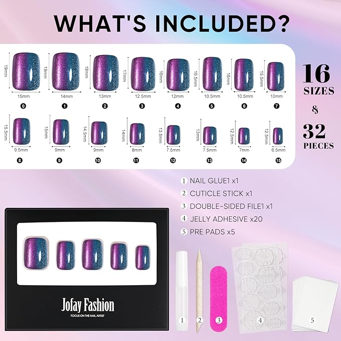 Press on Nails Short, Jofay Fashion Fake Nails, Two-color Ombre Cat Eye Press on Nails, Summer Acrylic False Nails, Reusable Stick on Nails for Women Girls, Glue on Nails Kit 32 Pcs, Amethyst Aurora