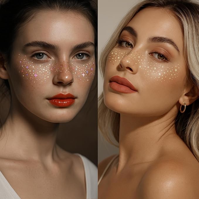 12 Sheets Glitter Freckles Stickers for Face and Body, Star and Heart Face Tattoo for Women and Girls, Long Lasting Waterproof Festival Rave Makeup Accessories