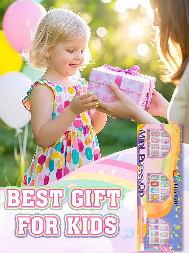 72 Pieces Press on Nails for Kids, EBANKU 3 Pack Kid Fake Nail Kit Lemon Star Press on Nails for Girls 7-12 Years with Jelly Nail Adhesives