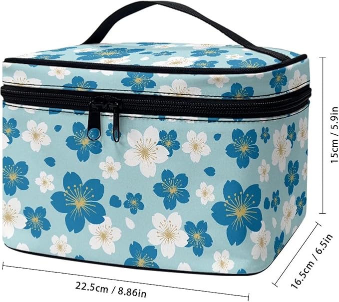 Blue White Cherry Blossom Pattern Travel Makeup Bags for Women Portable Tote Cosmetic Case with Carry Handle Daisy Floral Toiletry Accessories Storage Organizer Bags