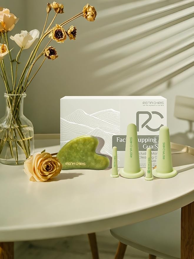 Rena Chris Facial Cupping Set & Gua Sha Facial Tool - Silicone Cupping Set & Jade Gua Sha Stone - Face Cupping Therapy Set for Natural Skin Care, Puffiness, Lip Plumping(Green)