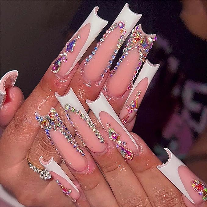 Long Press on Nails Square Shape Cute Fake Nails Pink with Rhinestones Design White French Tip False Nails Summer Glue on Nails for Women 24pcs