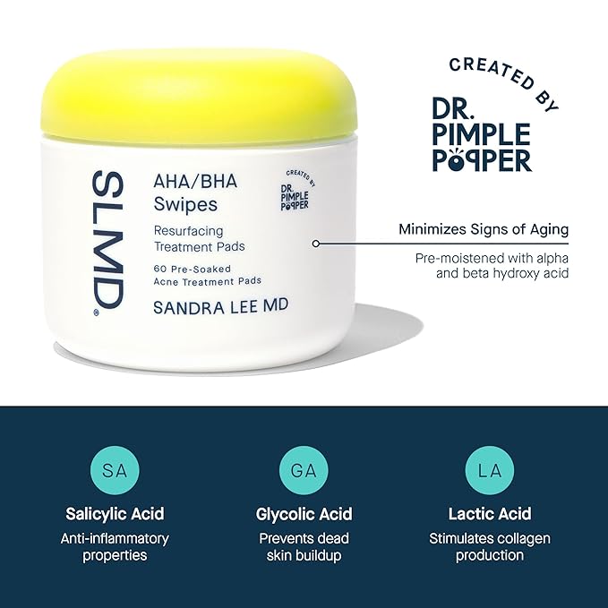 SLMD by Dr. Pimple Popper - AHA BHA Toner Pads Swipes, Salicylic Acid, Glycolic Acid & Lactic Acid - Daily Resurfacing Pads for Face & Body - Facial Exfoliating Pads Resurface, Treat, and Prevent Acne