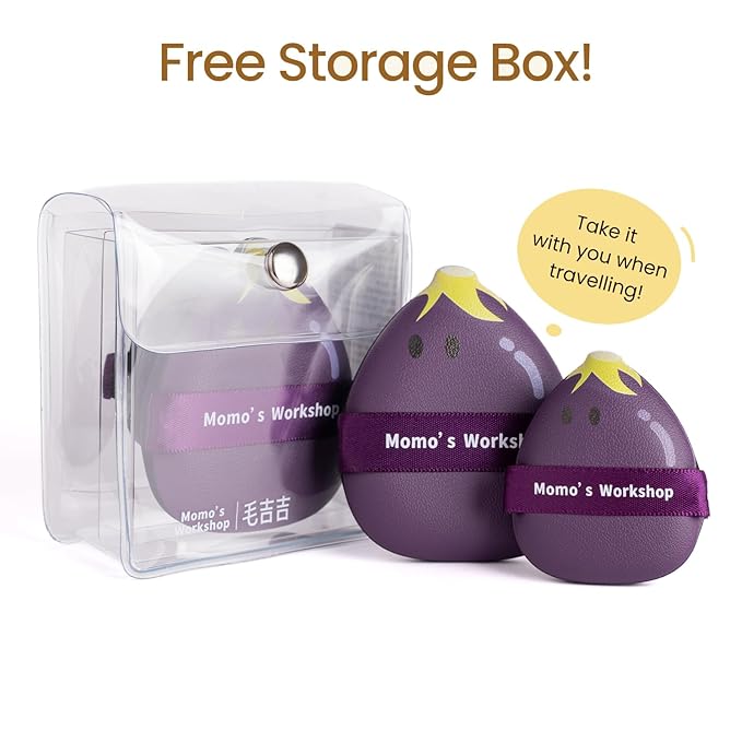 Momo's Workshop Eggplant Makeup Sponge Set - Dual Wet & Dry Use, Reinforced Strap, Even Foundation Application, for Cushion/Cream Foundation to Achieve Natural Finish,2pcs,L+M & Storage Case