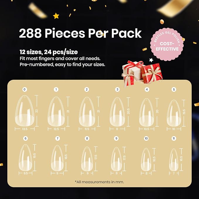 Beetles Gel Nail Tips Etch-X, Almond Short Fake Nails, 288pcs 12 Sizes, Press on Pre-Etched Half Matte Full Cover Acrylic False Nail Tips Almond Shape Nail Supplies Easy DIY Extension Gift for Women