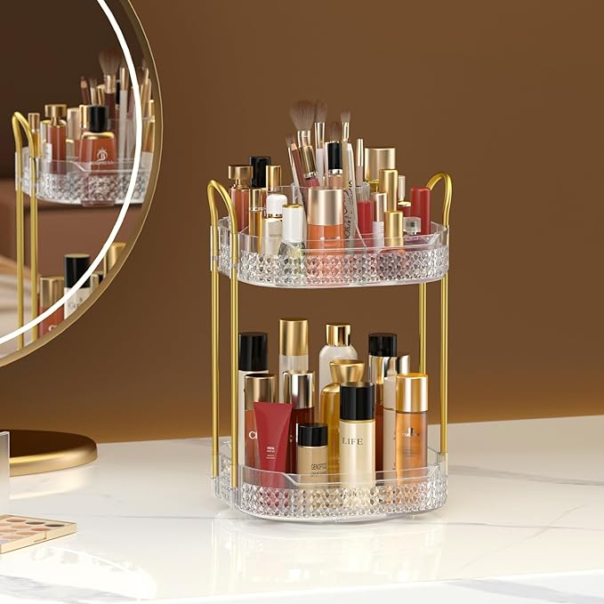 Awenia Rotating Makeup Organizer 360, Stackable Adjustable Large Capacity Cosmetic Storage Unit,Dresser Bathroom Kitchen Countertop Organizer with Metal Handle, Plus Size (Clear, 2 Tier)