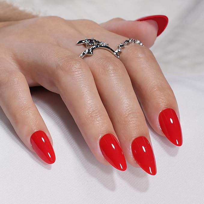 Red Press on Nails - Glossy Short Almond Press on Nail, Fake Nails Reusable Nails Press ons for Women, 32 Pieces in 16 Sizes False Nails Kit with Glue, Cherry Heat