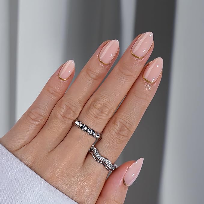 BTArtbox Press On Nails Almond - Short Gold Foil Press On Nails with Glue for Women, Semi-Transparent Soft Gel Glue On Nails in 16 Sizes - 32 Stick On Nails Kit, Gold End