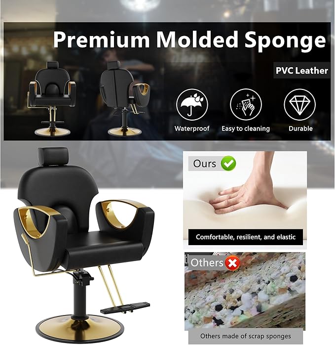 Barber Chair, Reclining Hair Salon Chair, 360 Degrees Swivel Styling Chair, Height Adjustable Hydraulic Shampoo Chairs, Spa Equipment (Black)