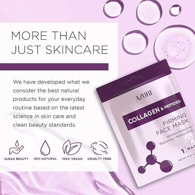 Azure Cosmetics Collagen & Peptides Lifting Facial Sheet - Restoring, Smoothing & Moisturizing Face Mask - Helps Reduce Fine Lines & Wrinkles, Smooths & Repairs - Skin Care Made in Korea - Pack of 5