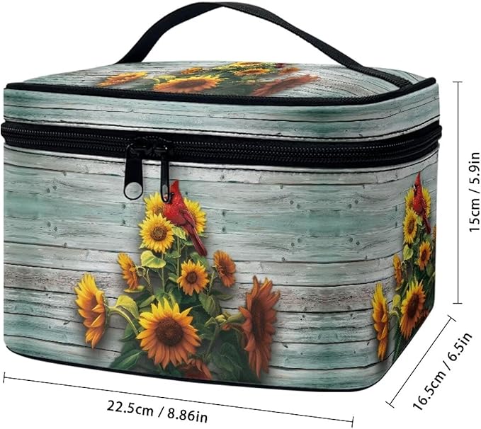 Cardinal Bird and Sunflower Print Travel Makeup Bags for Women Portable Tote Cosmetic Case with Carry Handle Toiletry Accessories Storage Organizer Bags