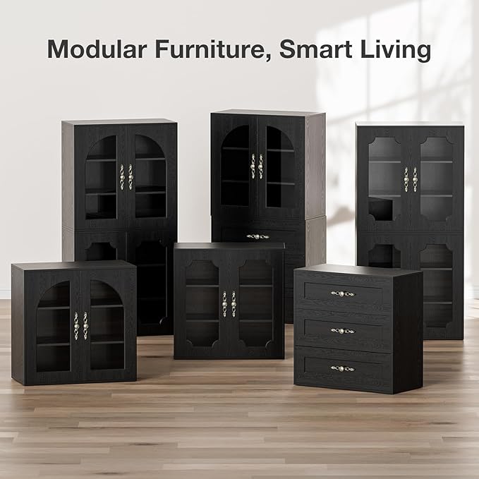 3-Layers Salon Station Free Standing Cabinet, Hair Styling Stations Salon Furniture w/Glass Doors, Bronzed Metal Handles, Wood Grains Surface, Barber Table Hair Salon Furniture(Black)