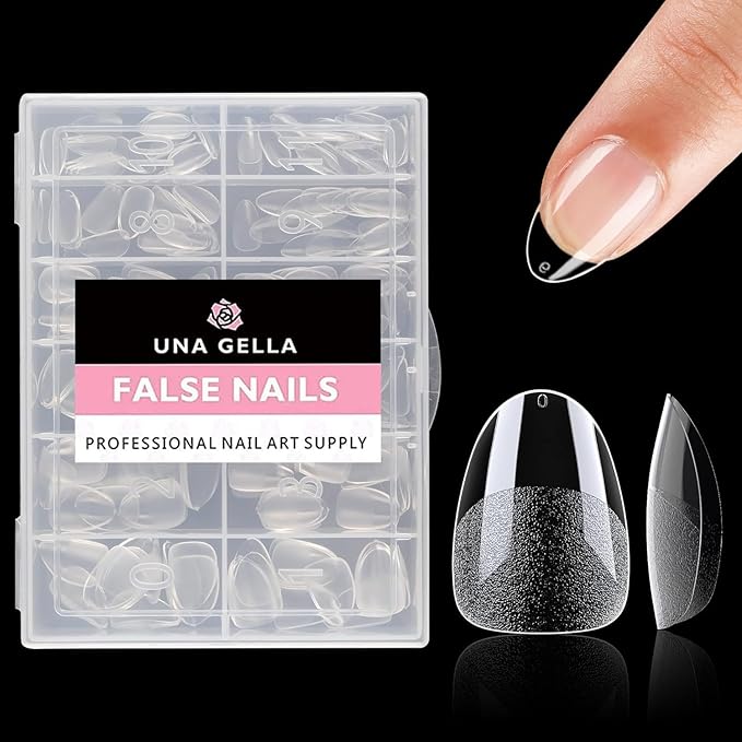 UNA GELLA Extra Short Almond Nail Tips Full Cover 216PCS Gel Nail Tips Short Almond Shaped Nails Tips Soft Gelly Gel Clear Fake Nails Tip for Acrylic Nail Tip Soak Off Home DIY Salon Nails 12 Sizes