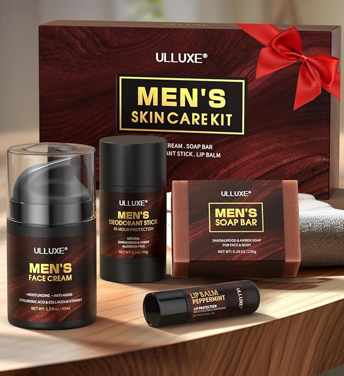 Skin Care Kit for Men, Face Skincare, Lip Care & Body Care for Men, Mens Skincare Set with Face Cream, Lip Balm, Deodorant Stick & Bath Soap, Gifts for Mens Birthday, Husband Dad Gift