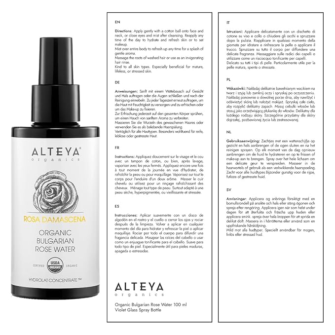 Alteya High-Potency Rose Water USDA Organic Facial Toner, 3000 Roses in a Bottle, 3.4 Fl Oz/100mL Pure Bulgarian Rosa Damascena Flower Water, Award-Winning Moisturizer in Miron Biophotonic Glass
