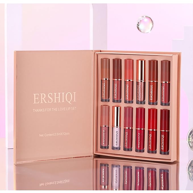 12Pcs Nude Matte Liquid Lipstick Set, Waterproof Long Lasting Non-Stick Cup 12 Colors Nude Lipstick 24 Hour Not Fade Matte Lipstick Professional Lip Gloss Makeup Christmas Gift Sets for Women