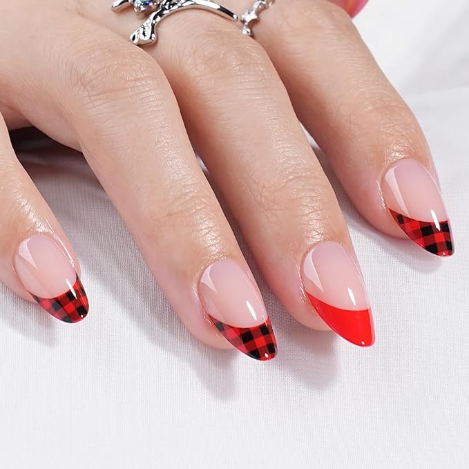 French Tip Press on Nails - Glossy Red Press on Nail, Short Almond Fake Nails Reusable Nails Press ons for Women, 32 Pieces in 16 Sizes False Nails Kit with Glue, Tartan Cheer