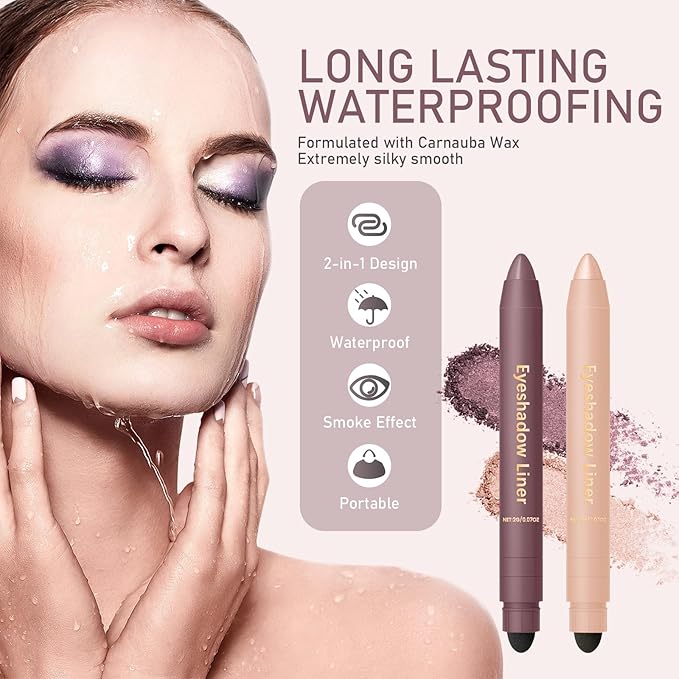 2Pcs Perfect Color Duo-Shadow Liner 2-in-1 Eyeliner & Eyeshadow, Effortless Smoky or Natural Eye Makeup, Waterproof & Smudge-Proof Shadow Liner Duo (A)