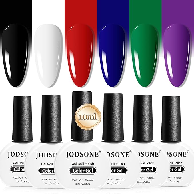 JODSONE 10ml Gel Nail Polish Set 6Colors Black White Red Deep Blue Dark Green Deep Purple All Seasons Neutral Soak Need U V/LED Lamp Curing