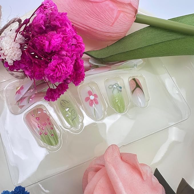 30Pcs Spring Flower Press on Nails Medium Almond Fake Nails with 3D Pearl Rhinestones Design Summer Grassland French Tip False Nails Silver Butterfly Bow Floral Stick on Nails for Women Decor