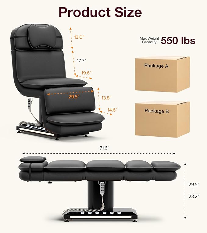 VARONXE Fully Electric Massage Table w/3 Motors, Professional Angle and Height Adjustable Spa Bed Facial Chair, Motorized Esthetician Bed Treatment Table for Beauty Salon, Black