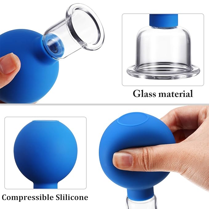 Nuanchu Facial Cupping Cup Blue Glass Face Cup Silicone Cupping Massage Vacuum Suction Mug for Body Face Leg Arm Back Shoulder Muscle and Joint Pain(1.5 Inch Diameter)