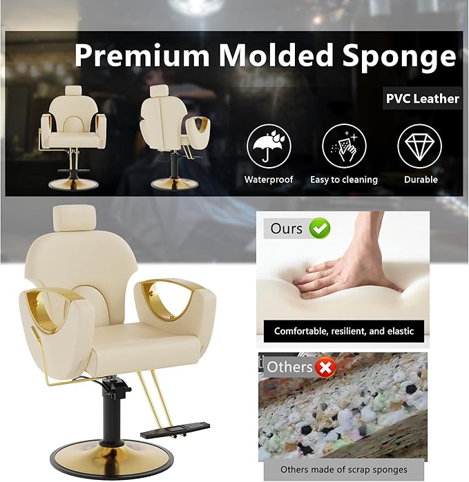 Barber Chair, Reclining Hair Salon Chair, 360 Degrees Swivel Styling Chair, Height Adjustable Hydraulic Shampoo Chairs, Spa Equipment (Off-White)