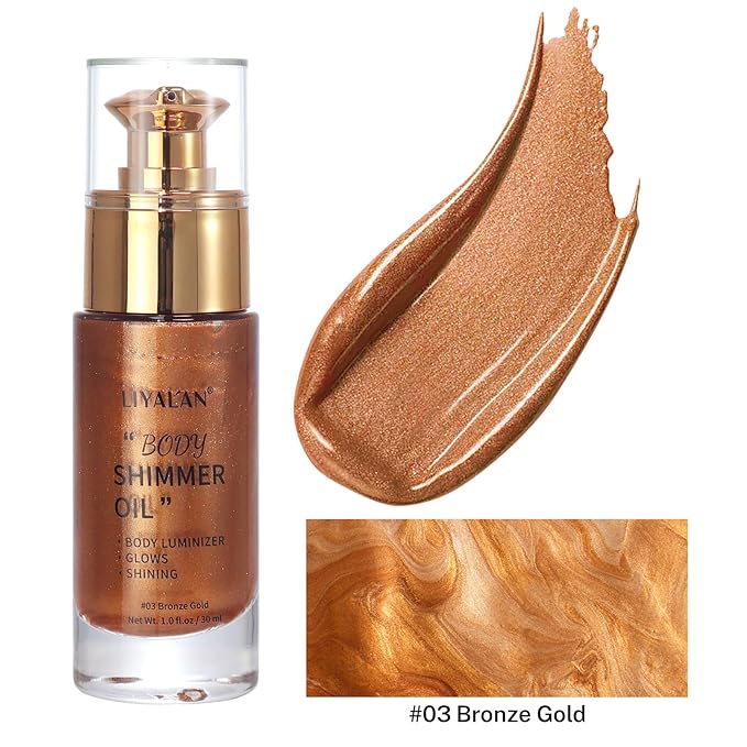 Liyalan Shimmer Body Oil 5 Color Options 1.0 fl.oz Face Glow Pearl Highlighter Illuminator Long-Lasting Shine Glitter Liquid Tanning with Makeup Brush Included (#03 Bronze Gold)