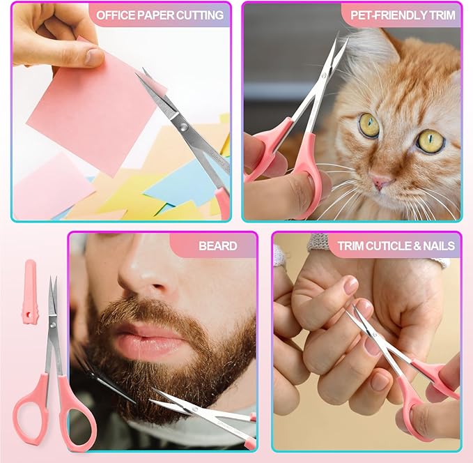 2 Pcs Eyebrow Scissors for Women, Small Scissors Beauty for Facial Hair, Beard, Ear, Nose, Moustache, Stainless Steel