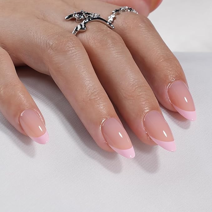 French Tip Press on Nails - Pink Short Almond Press on Nail, Glossy Fake Nails Reusable Nails Press ons for Women, 32 Pieces in 16 Sizes False Nails Kit with Glue, Petal Line
