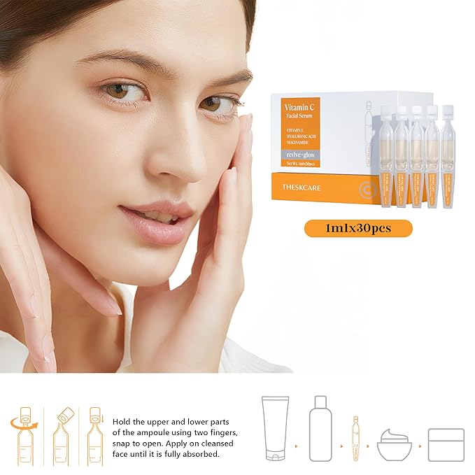 Vitamin C Face Serum with Hyaluronic Acid,Glutathione,Vitamin E & Niacinamide, Anti Aging Facial Serum for Wrinkles & Dark Spots,Hydrating & Glowing,30 Ampoules