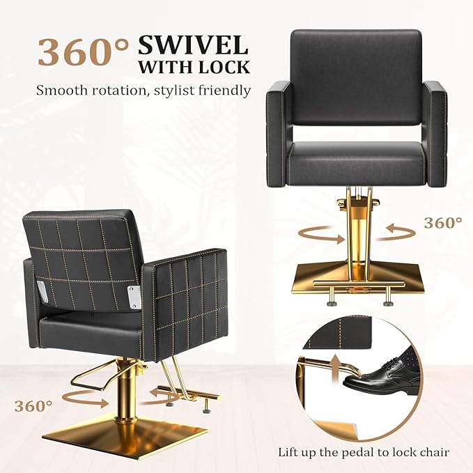 mefeir Black and Gold Barber Chair Hair Salon Chair with Heavy Duty Hydraulic Pump, Square Base, Stainless Steel Footrest,Styling Chair for Beauty Spa Hairdressing Braiding