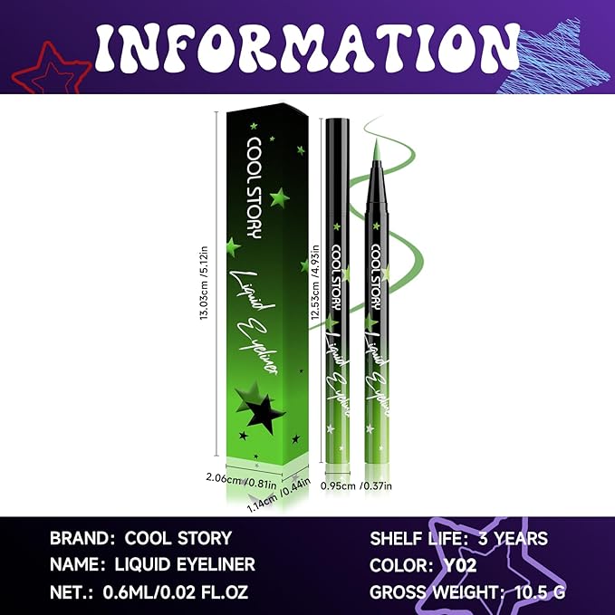 COOL STORY Liquid Eyeliner Waterproof Smudge Proof Eye Liner, 24H Long-Lasting, 0.6ml/0.02 fl.oz (Green)