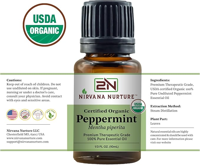 Peppermint Essential Oil USDA Certified Organic 100% Pure Premium Therapeutic Grade, Undiluted - Aromatherapy Diffuser for Calm and Relaxation, Skin Care, Hair Care