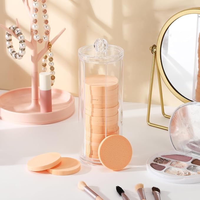 Dandat 20 Pcs Round Makeup Sponge with Acrylic Container Compact Powder Puff Cosmetic Sponge Round Foam Pad Beauty Face Makeup Foundation Powder Blender for Wet and Dry Dual Use(Skin Color)