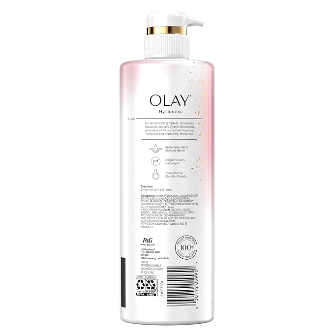 Olay Body Wash for Women, Intensely Hydrating, Hyaluronic Acid Serum Complex, Renews Moisture, Free of Parabens & Phthalates, Vitamin B3 Lameller Technology, For All Skin Types, 20 fl oz (Pack of 4)