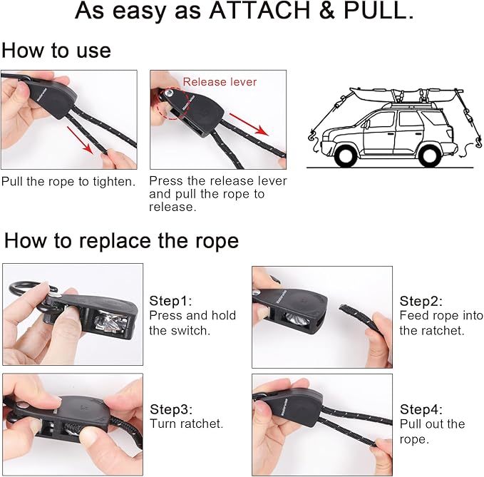 1/4" x12' Kayak Tie Down Straps with Reflective Stripe, Boat Trailer Straps Canoe Bow and Stern Rope Hanger Kayak and Canoe Accessories (Black, 4PCS)