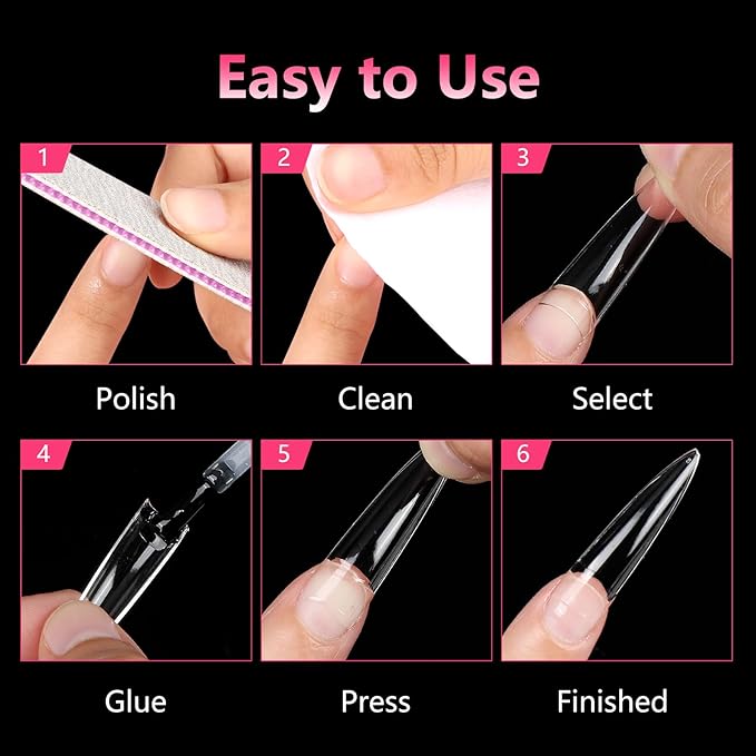Quaferen XL Stiletto Nail Tips,504PCS No C Curve Tips for Acrylic Nails, Clear Nail Tips Stiletto, Half Cover Almond False Nail Extension for Salons Home DIY 12 Sizes