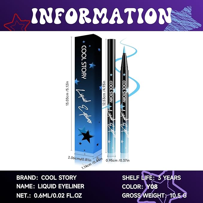 COOL STORY Liquid Eyeliner Waterproof Smudge Proof Eye Liner, 24H Long-Lasting, 0.6ml/0.02 fl.oz (Sky Blue)