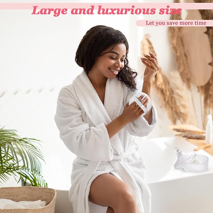 2Pcs Extra Large Body Powder Puff & Luxury 6" Glass Jar Dusting Powder Container with Puff for Women Bath Powder Puffs Perfect for Talcum or Loose Powder (White)