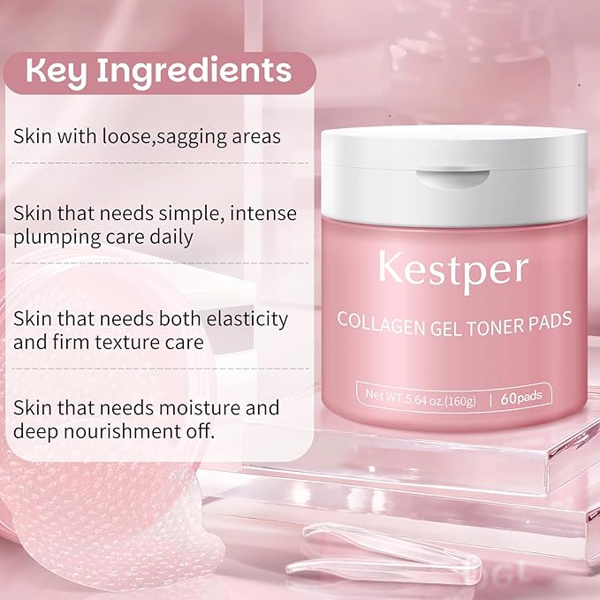 Collagen Gel Toner Pad for Face - Skin Firming,Improvin Elasticity,Pore Minimizer,Soothing Hydration, Gentle Exfoliating Face Pads,60 Pads