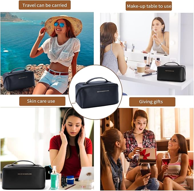 3 Pcs Travel Makeup Bag Portable Large Capacity Cosmetic Bags for Women Open Flat Makeup Case Organizer Bag Set of 3 Waterproof PU Leather Toiletry Bags with Divider and Handle (Black, Medium)