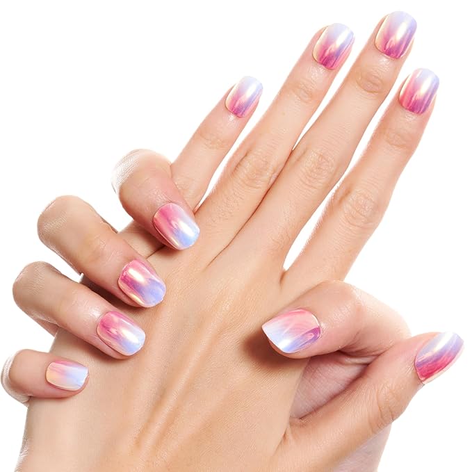 GLAMERMAID Extra Short Press on Nails 24PCS, Pink Blue Chrome Fall Gel Glue on Nails, Glossy Round Reusable UV Finish Fake Nails Acrylic False Nails Manicure Kits for Women