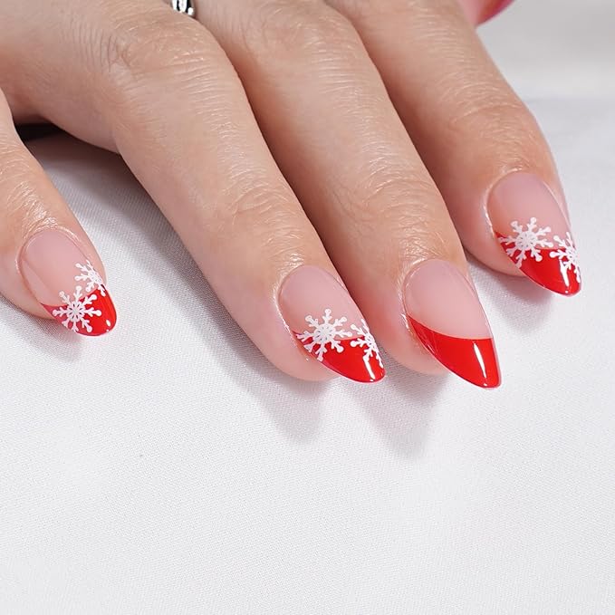 French Tip Press on Nails - Glossy Red Press on Nail with Snowflakes, Short Almond Fake Nails Reusable Nails Press ons for Women, 32 Pieces in 16 Sizes False Nails Kit with Glue, Crimson Snow