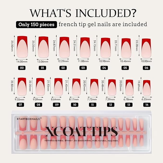 BTArtboxnails XCOATTIPS Red French Tip Press on Nails - Red French Tip Nails Square, Christmas Press on Nails Long, Soak Off Soft Gel Nail Extension 150Pcs